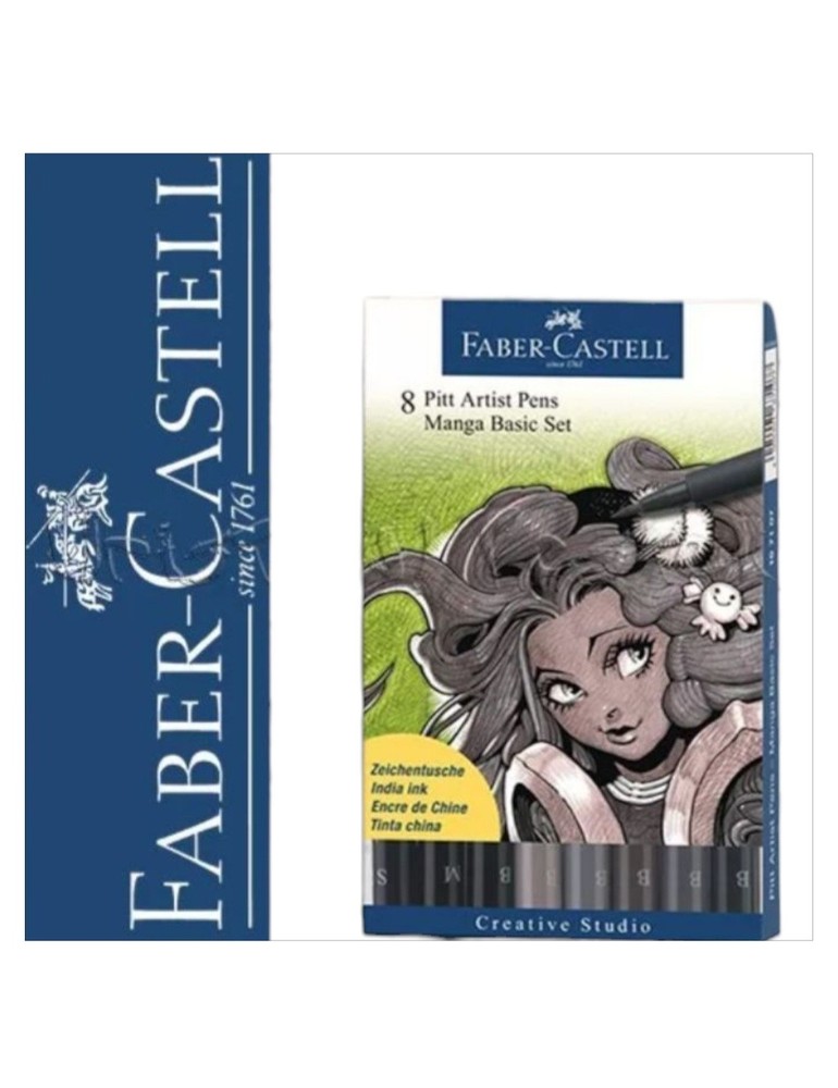 Faber-Castell 8 Pitt Manga Black & Gray India Ink Artist Pens Markers #167107T