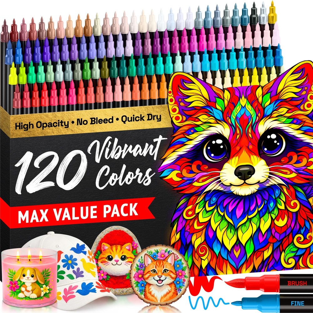 120 Acrylic Paint Pens – Dual Tip (Brush & Fine) Markers for Fabric, Canvas, …