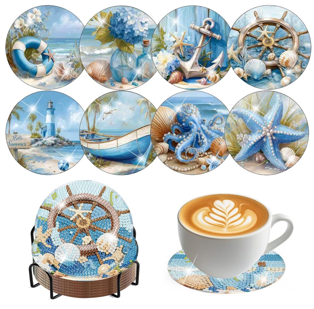 Ocean Diamond Art Coasters Kits, 8 Pieces Ocean Diamond Painting Coasters with H