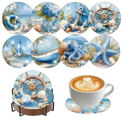Ocean Diamond Art Coasters Kits, 8 Pieces Ocean Diamond Painting Coasters with H