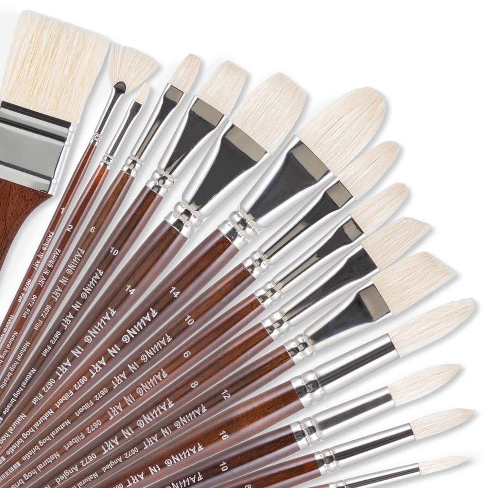 Natural Bristle Paintbrush Set Long Handle Fan Round Flat Filbert 15 PCS