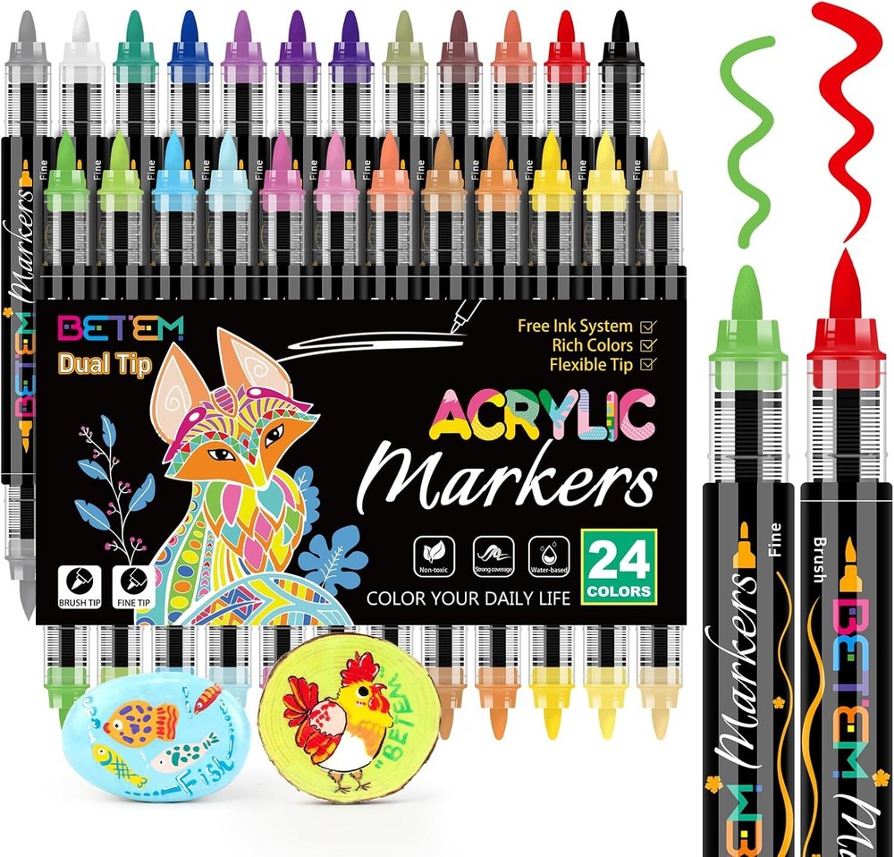 Acrylic Paint Markers Paint Pens,24 Colors Dual Tip Direct Liquid Acrylic Marker
