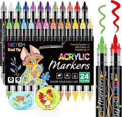 Acrylic Paint Markers Paint Pens,24 Colors Dual Tip Direct Liquid Acrylic Marker