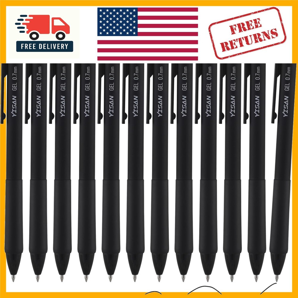 Professional Quality Black Gel Pens 12 Pack – Fast Dry, Retractable, 0.7mm