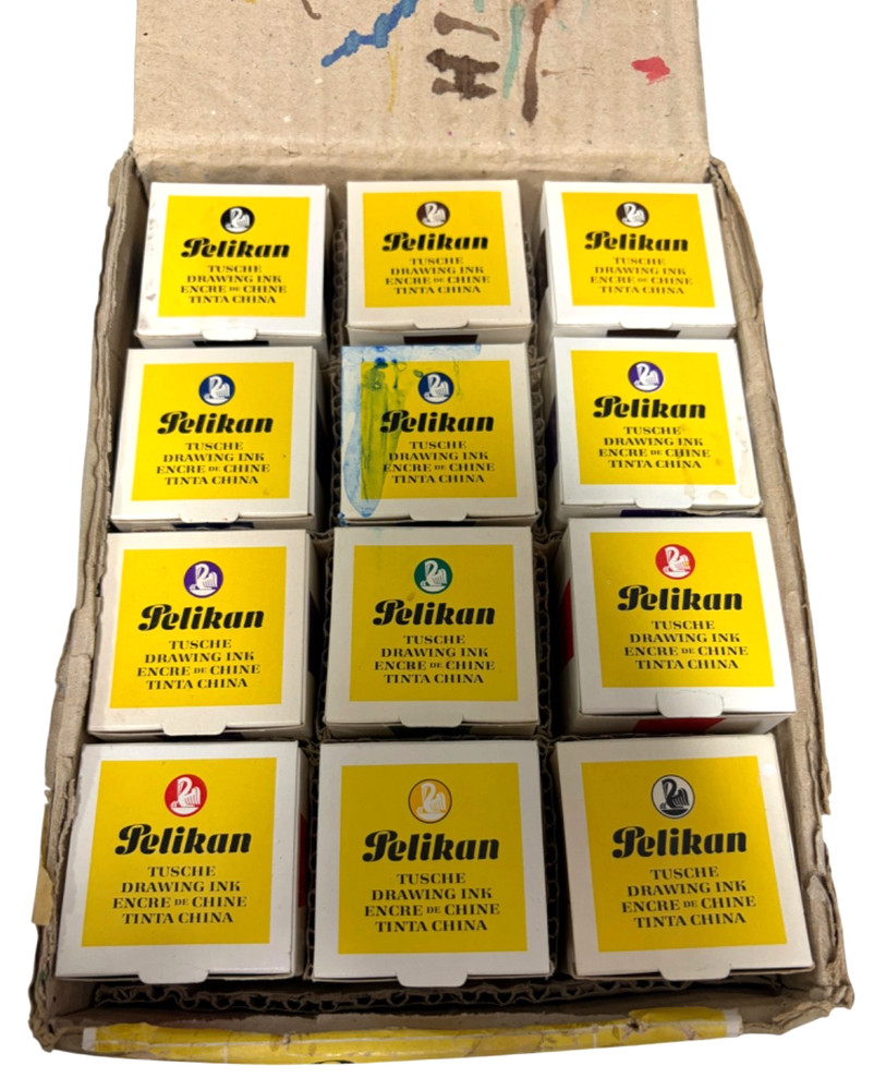Vtg 517 Pelikan Drawing Ink Lot 1oz Germany Black Brown Blue Green Orange Yellow