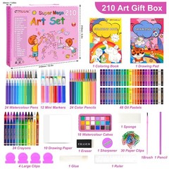 210Pcs Kids Art Set with Trifold Easel Drawing Coloring Kit Gift Pink Markers
