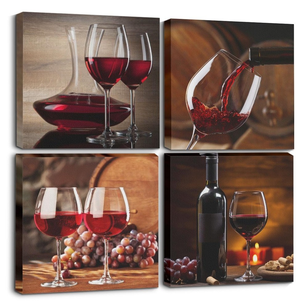 4 Pcs Red Wine Canvas Wall Art Framed Modern Red Wine Goblets Art Posters Ret…