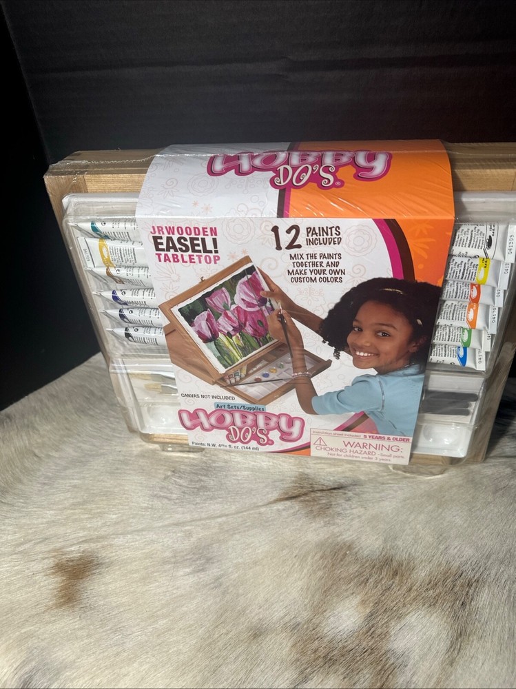 Sealed Hobby Do’s Jr. Wooden Easel 17 Pc Set w/ Brushes, 12 Paint Tubes, Brushes