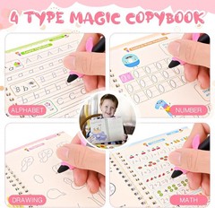 4 PC Reusable Grooved Writing Books for Kids, Magic Copy Books,Reusable Handl