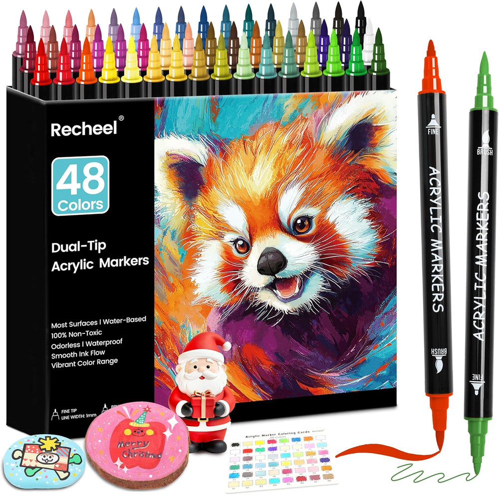 48 Colors Acrylic Paint Markers, Dual Tip w/ Precision Fine Tip & Brush Tip Pens