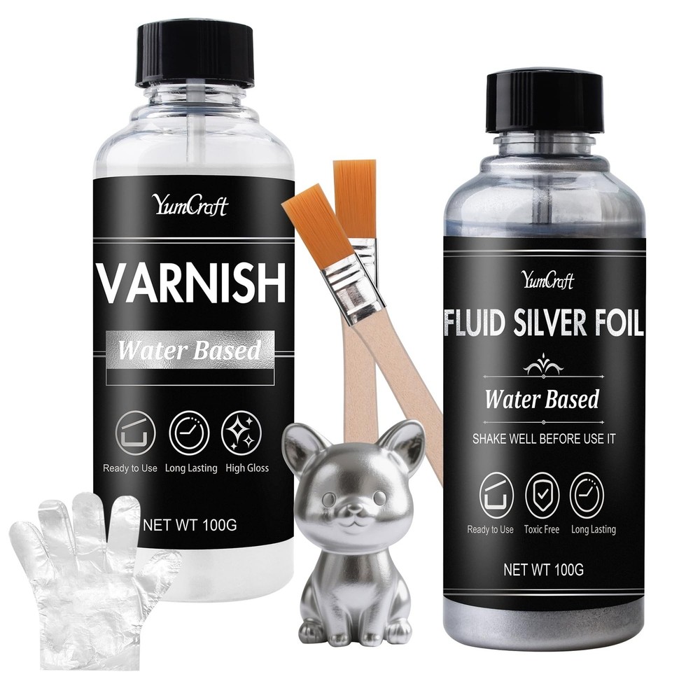 Liquid Silver Leaf Paint, Water-Based Silver Gilding 100ml & Gloss Varnish 10…