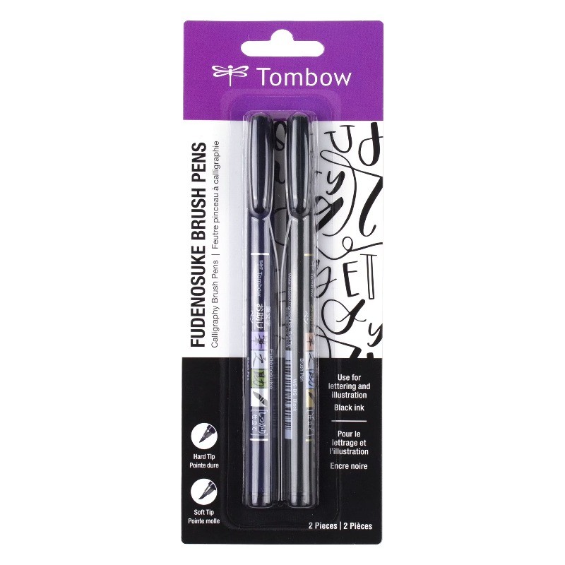 Tombow 62038 Fudenosuke Brush Pens, Hard and Soft Tip Brush Pens, Black, 2 Pack