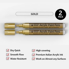 Paint Marker Pens – 2 Pack Acrylic Permanent Marker, 2-3mm Medium Tip, Gold