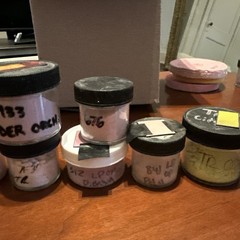 Various leaded (and possibly unleaded) powdered enamels for metal. Red and pinks