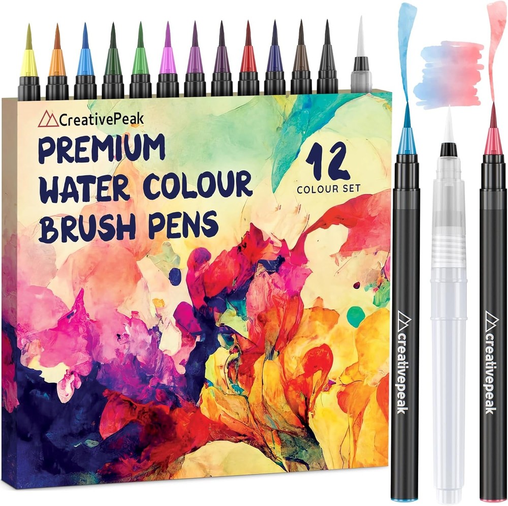 Creativepeak Watercolor Brush Pens – 12 Vibrant Soft Tip Coloring Markers with B