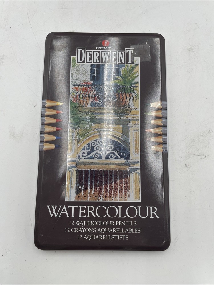 vintage set of Rexel Derwent Watercolour Pencils in a 12-count metal tin