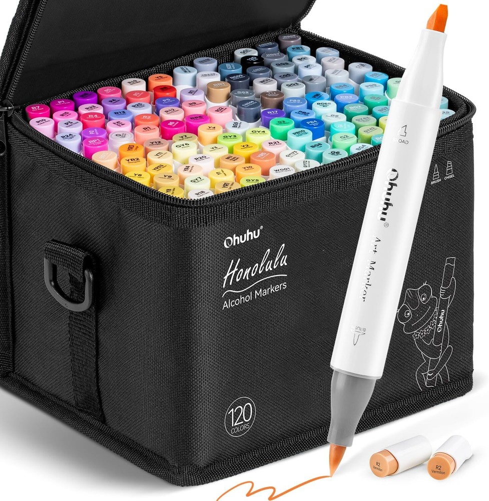 120-Color Ohuhu Dual Tip Brush & Chisel Sketch Marker w/ 1 Blender Refillable