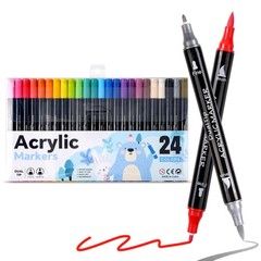 24 Colors Dual Tip Acrylic Markers Acrylic Paint Pens for Paper, Wood,DIY Crafts