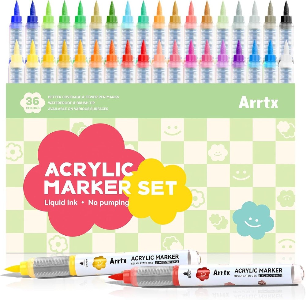 Arrtx Acrylic Markers 36 Colors,Brush Tip Acrylic Paint Markers Paint Pens Set