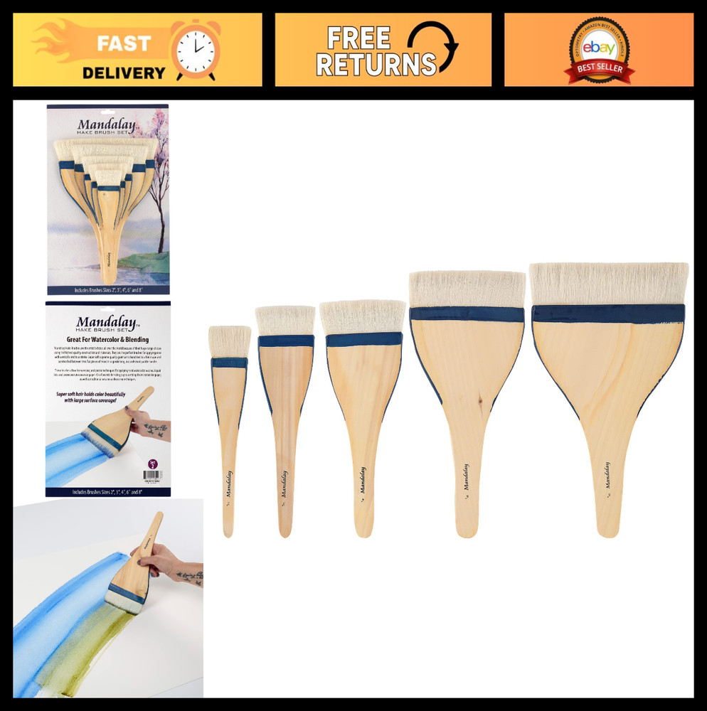 Set of 5 Wide Goat Hair Hake Brushes – Soft Natural Bristles for Sumi-e & Washes