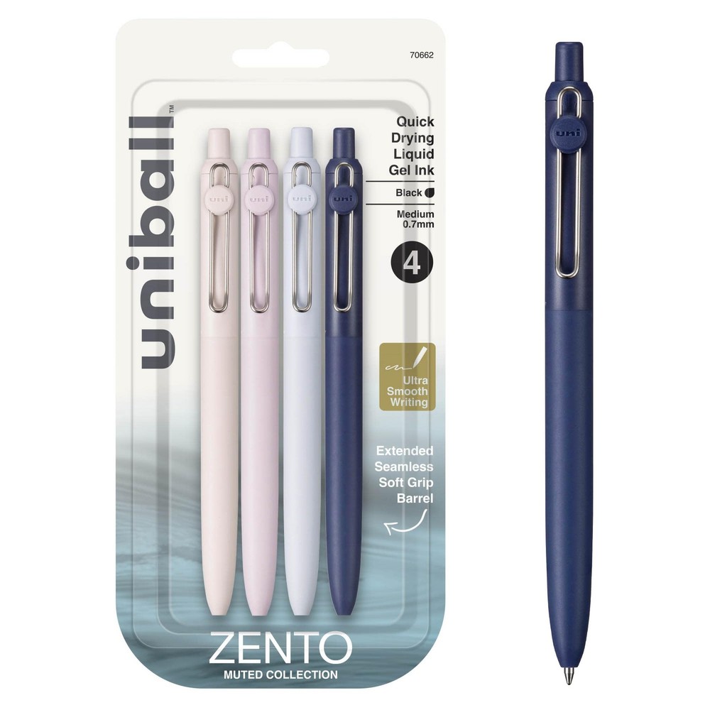 uni-ball Zento Gel Ink Rollerball Pens, 4 Black 1 Count (Pack of 4), Muted