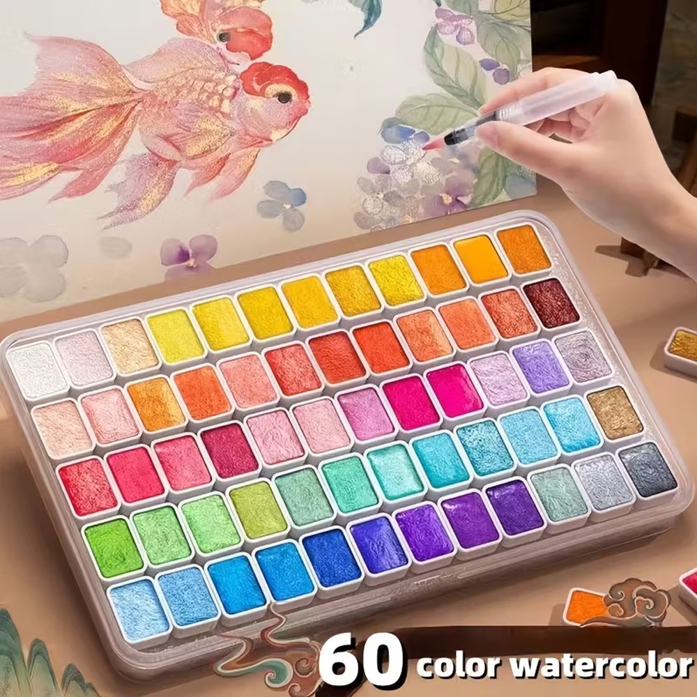 60 Colors Glitter Watercolor Set – Professional Wooden Box Art Paints APR