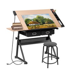 Adjustable Height Drafting Drawing Table Tiltable Tabletop Edge Stopper Natural