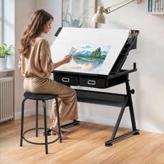 Adjustable Drafting Table for Artists – Drawing Table w/ Drawer & Outlet White