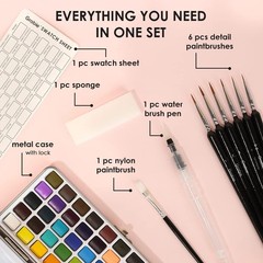 Grabie 50 Colors Watercolor Paint Set, Detail Paint Brush Included, Watercolor P
