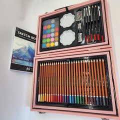 145pc Deluxe Mixed Media Art Set Pink Wooden Case READ DESCRIPTION DAMAGE Case