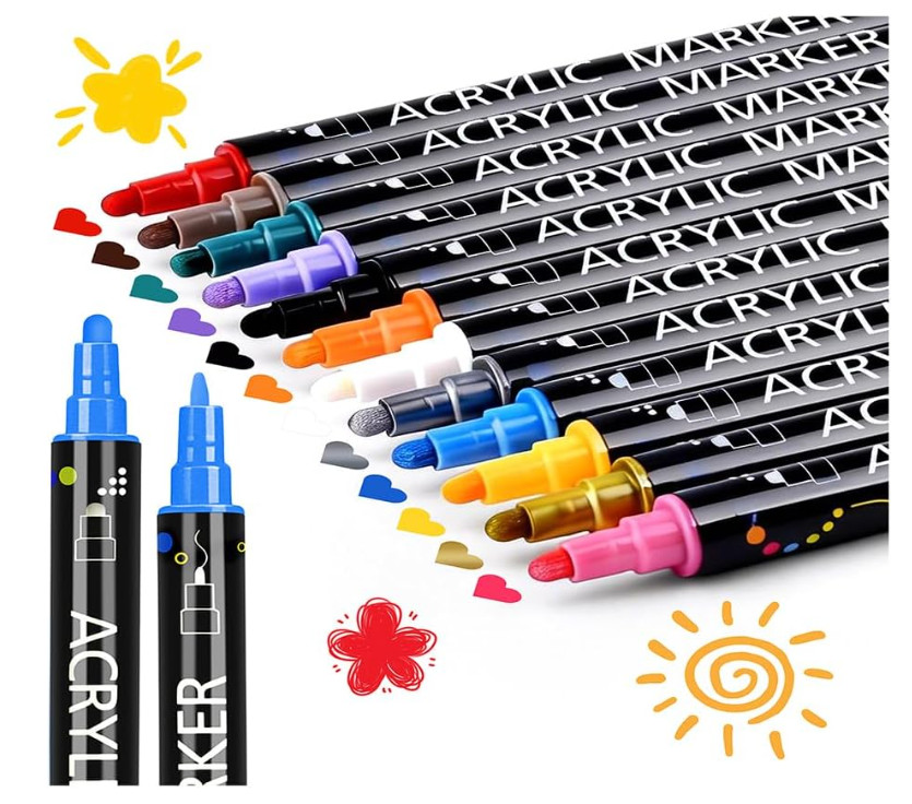 12 Colors Dual Tip Acrylic Paint Markers,Fine Tip and Dot Tip Paint Pens Acrylic