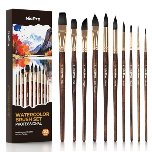 10Pcs Watercolor Brushes Set with Gift Box, Synthetic Squirrel Hair Paint