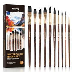 10Pcs Watercolor Brushes Set with Gift Box, Synthetic Squirrel Hair Paint