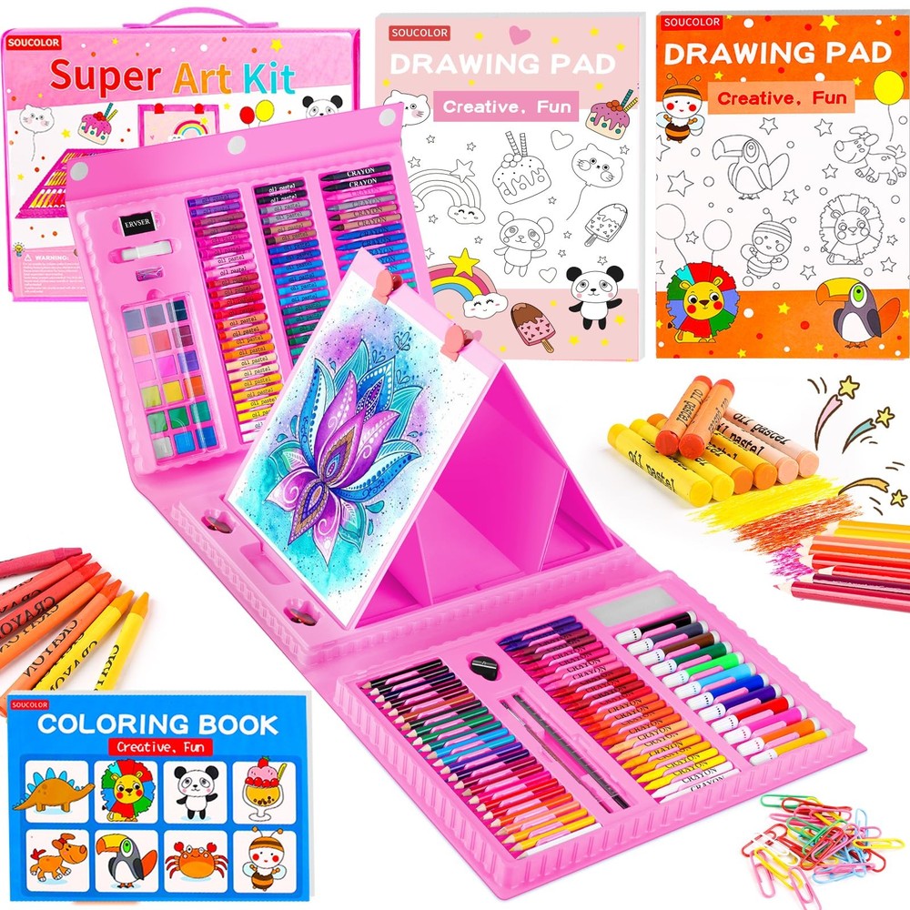 Soucolor Art Supplies, 283 Pieces Drawing Set Kits with Trifold Pink