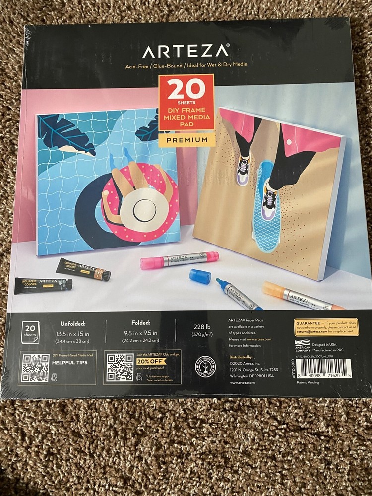 Arteza Mixed Media Paper Foldable Canvas Pad 9.5×9.5 Inches 20 Sheets DIY Fra…
