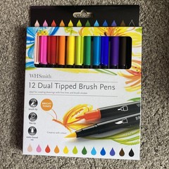 WHSmith 12 Dual Tipped Brush Pens Assorted Colours Fine Tip Water Based Ink NEW
