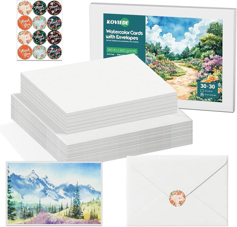 30 Pack Blank Watercolor Cards 5”x7”, 140lb/300gsm 100% Cotton Acid-Free Heav…