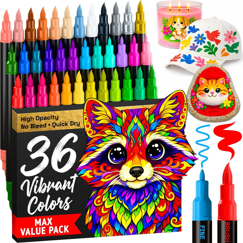 36 Acrylic Paint Markers – Paint Pens for Drawing – for Fabric, Rock, Glass, Woo