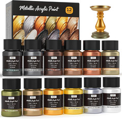 12 Colors Metallic Acrylic Paint, 1Oz / 30Ml Each, Non Toxic Non Fading Gold Lea