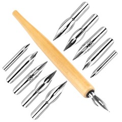 11Pc Dip Pen Nib Set with Wooden Holder, Stainless Steel G-Pen Comic Drawing Nib