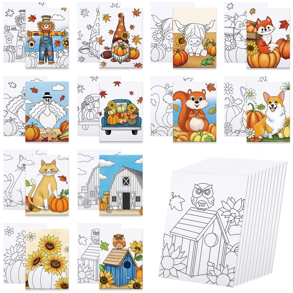 12 Packs Thanksgiving Pre Drawn Canvas to Paint, 5″ X 7″ Fall Pre Printed Canvas