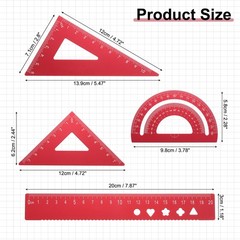 4 Pcs Geometry Drafting Tool, Math Tool Includes 20cm l Ruler, Red