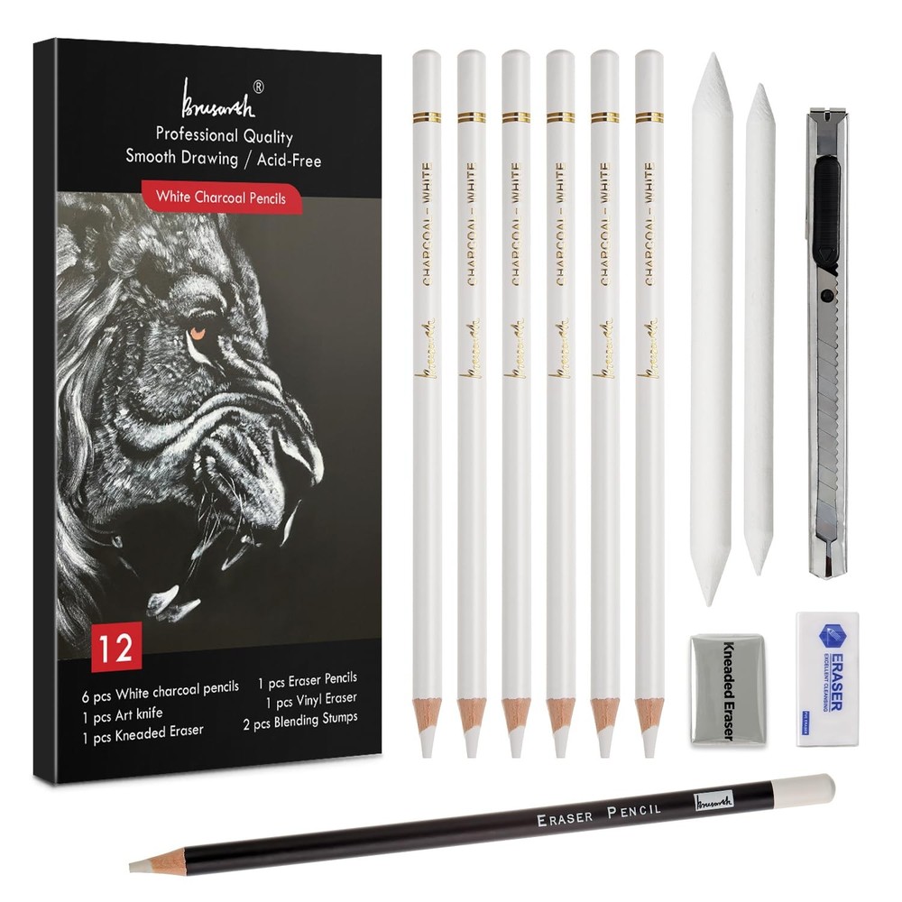 White Charcoal Pencils Set – 12 Piece Sketch Highlight White Pencils Set for …
