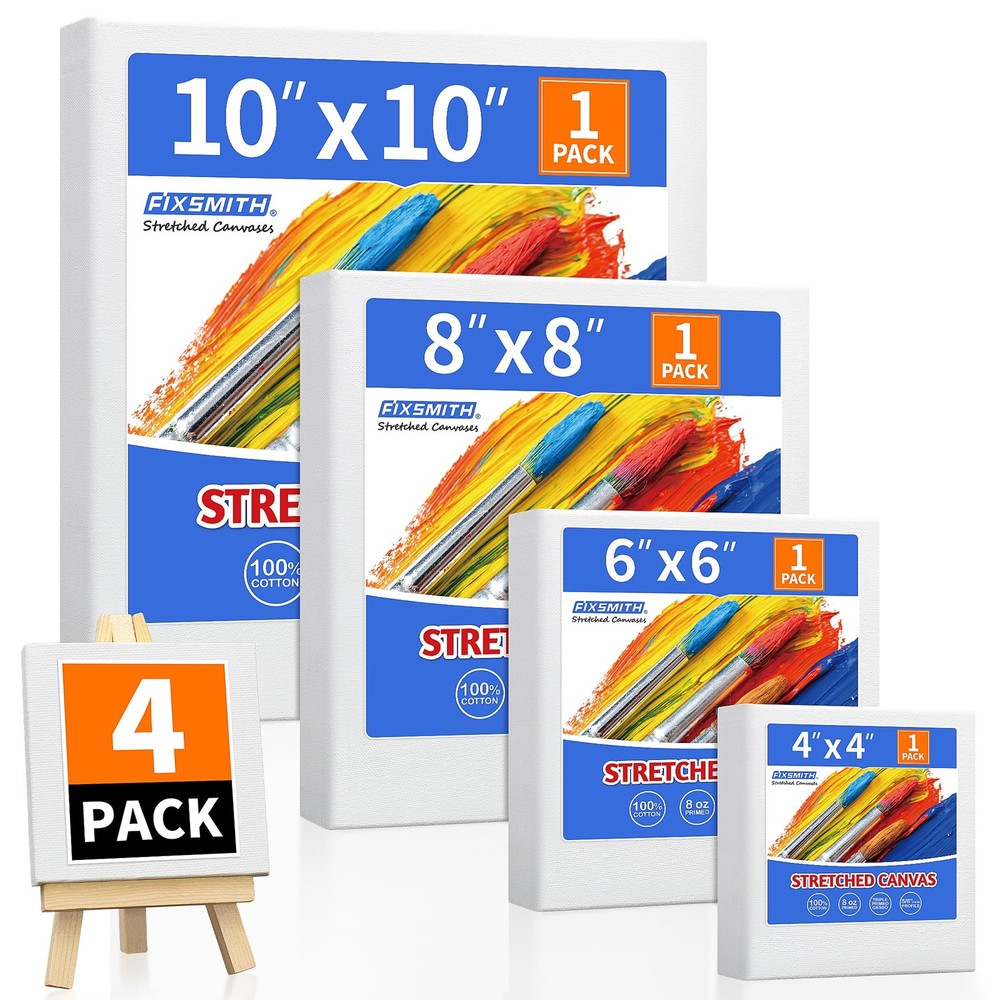 FIXSMITH Stretched Canvas for Painting, 4″x4″, 6″x6″, 8″x8″, 10″x10″, White