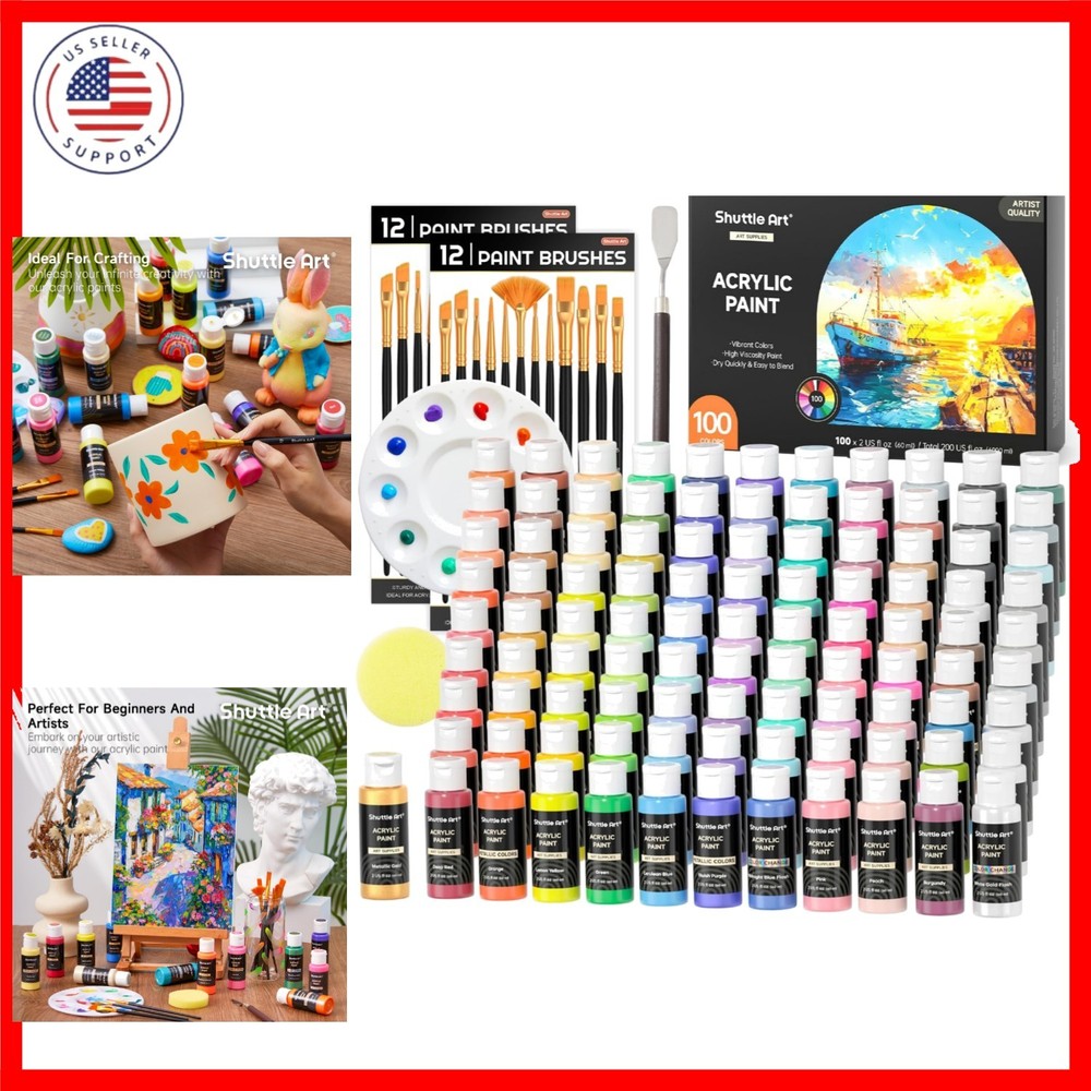 100 Colors Acrylic Paint, 2oz/60ml Bottles, Include 2 Sets of 12 Paint Brushe…