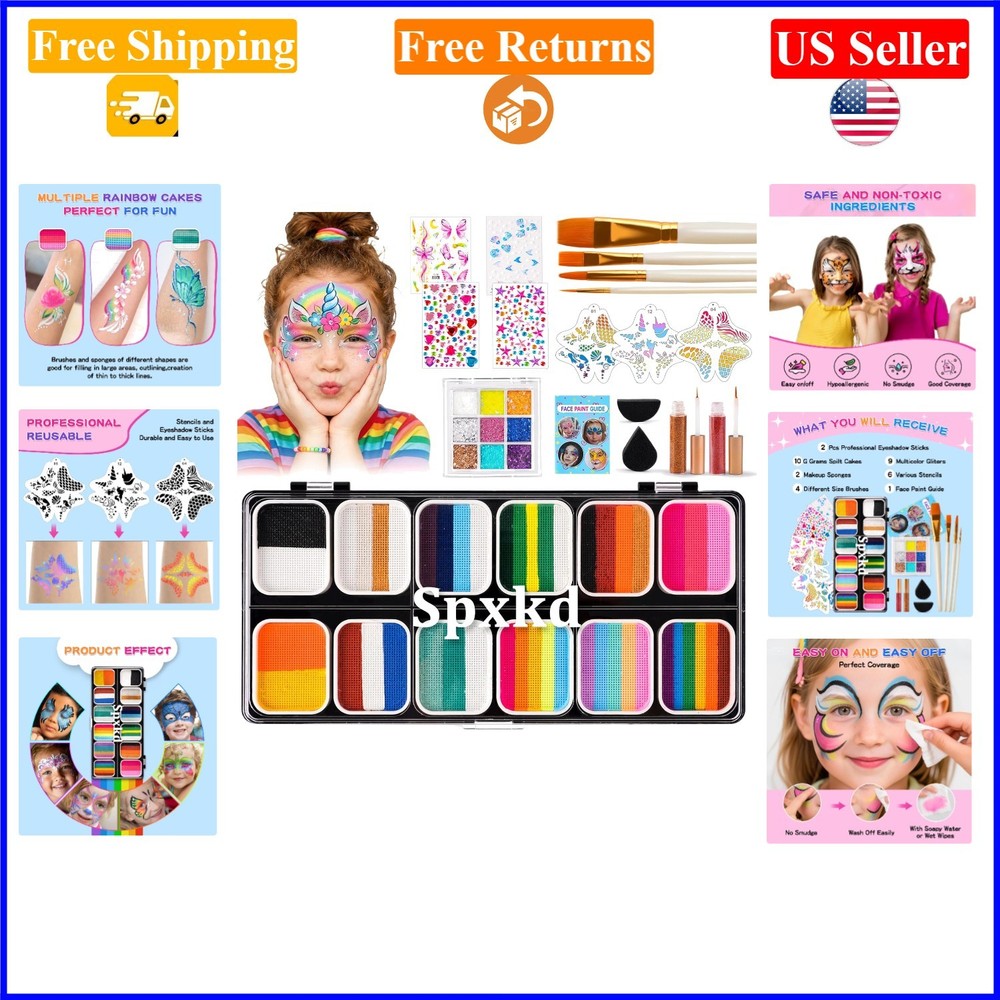 Kids & Adults Face Painting Kit, Multicolor, 12x10g, Glitter, Stencils