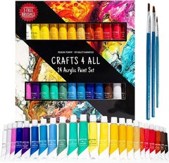CRAFTS 4 ALL – 24 Acrylic Paint Set + 3 Brushes, 0.4 oz Each