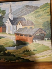 Vintage Paint By Number White Church Valley Red Covered Bridge Framed 22wx18.5l