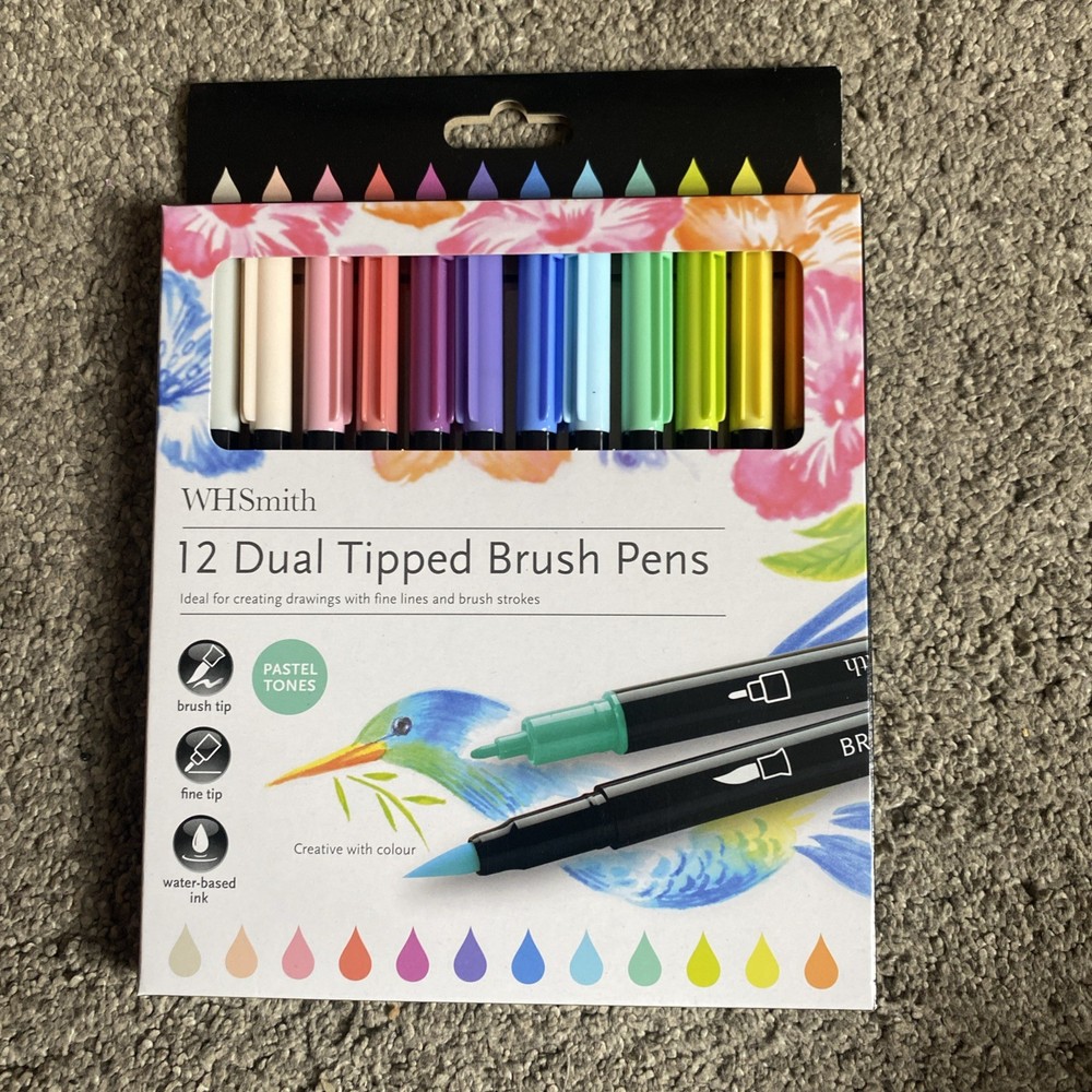 WHSmith 12 Dual Tipped Brush Pens Assorted Colours Fine Tip Water Based Pastel