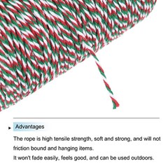 Cotton Rope Twisted Braided Rope Cord, Red Green and White 200M/218 Yard 2mm Dia